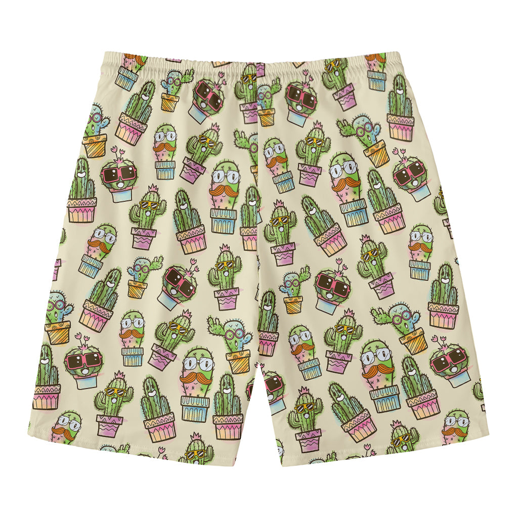 Cute Cartoon Cactus Pattern Print Men's Swim Trunks