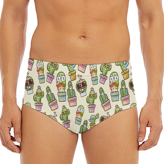 Cute Cartoon Cactus Pattern Print Men's Triangle Swim Briefs