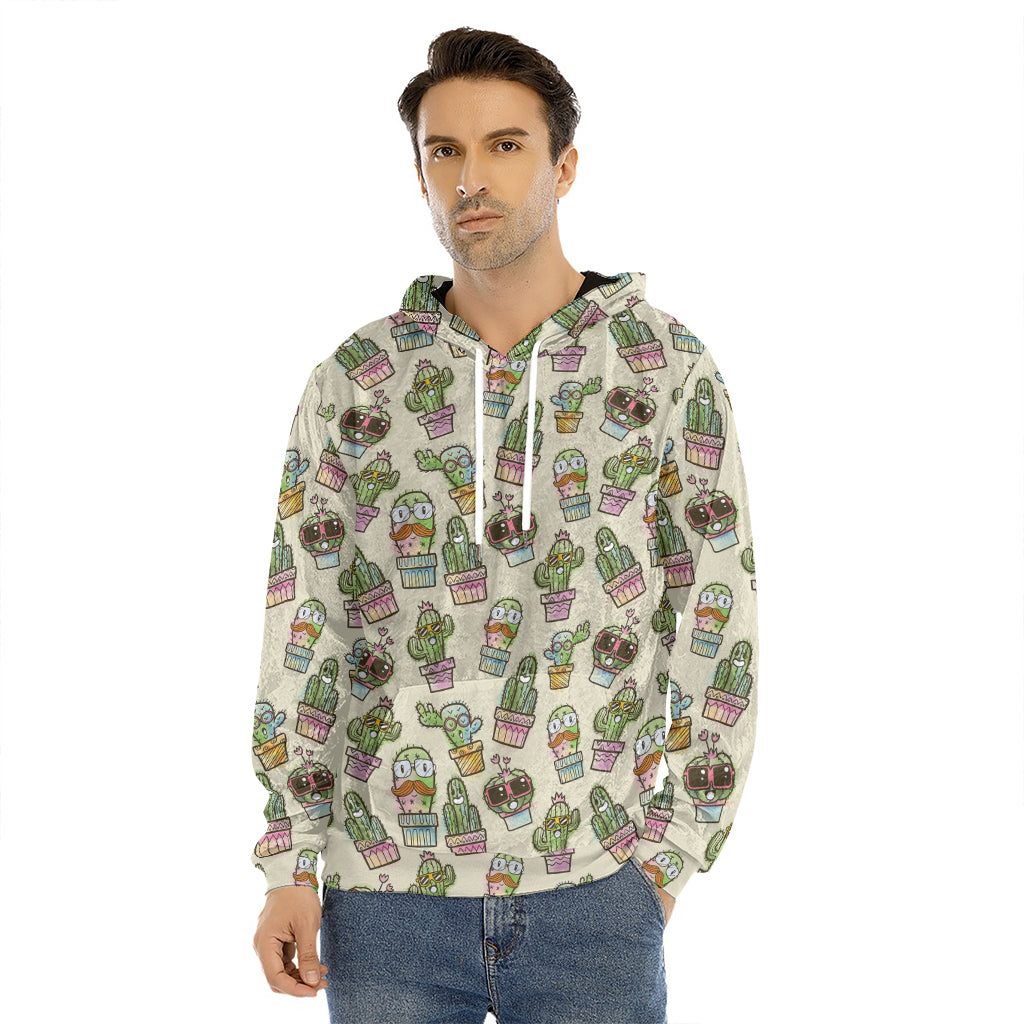Cute Cartoon Cactus Pattern Print Men's Velvet Pullover Hoodie