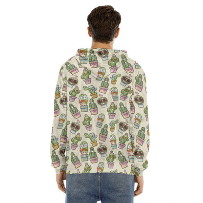 Cute Cartoon Cactus Pattern Print Men's Velvet Pullover Hoodie