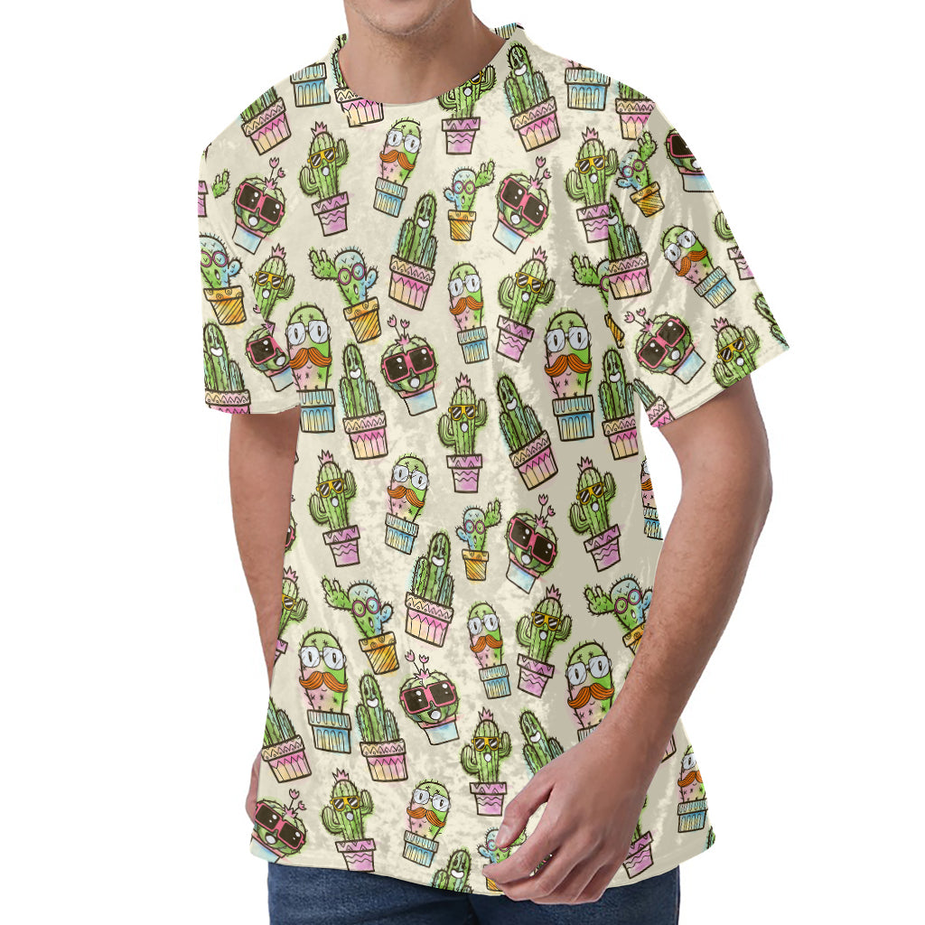 Cute Cartoon Cactus Pattern Print Men's Velvet T-Shirt
