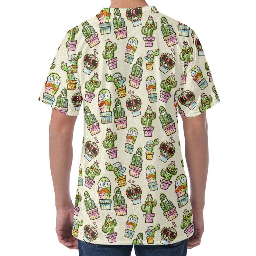 Cute Cartoon Cactus Pattern Print Men's Velvet T-Shirt