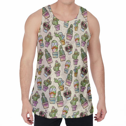 Cute Cartoon Cactus Pattern Print Men's Velvet Tank Top