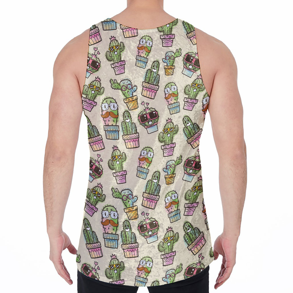 Cute Cartoon Cactus Pattern Print Men's Velvet Tank Top