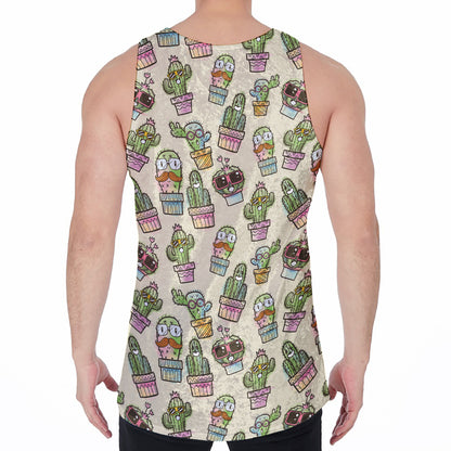 Cute Cartoon Cactus Pattern Print Men's Velvet Tank Top