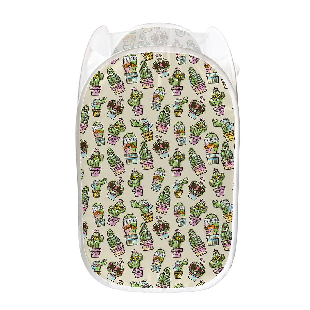 Cute Cartoon Cactus Pattern Print Mesh Laundry Hamper