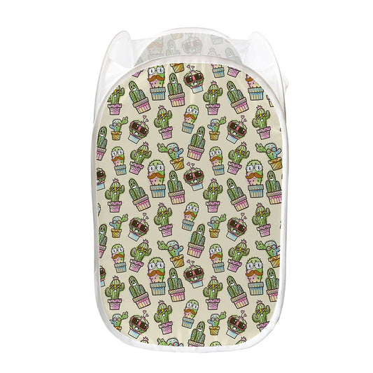 Cute Cartoon Cactus Pattern Print Mesh Laundry Hamper