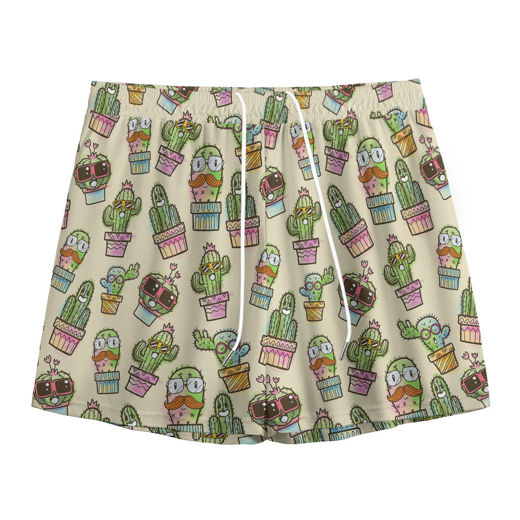 Cute Cartoon Cactus Pattern Print Mesh Shorts