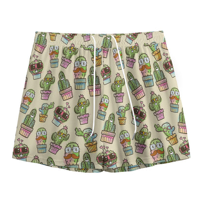 Cute Cartoon Cactus Pattern Print Mesh Shorts
