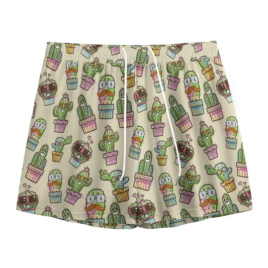 Cute Cartoon Cactus Pattern Print Mesh Shorts