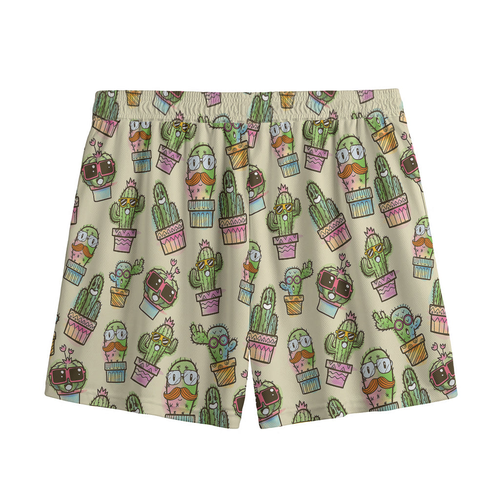 Cute Cartoon Cactus Pattern Print Mesh Shorts