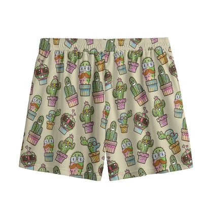 Cute Cartoon Cactus Pattern Print Mesh Shorts
