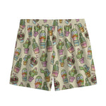 Cute Cartoon Cactus Pattern Print Mesh Shorts