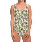 Cute Cartoon Cactus Pattern Print One Piece Swimsuit