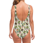 Cute Cartoon Cactus Pattern Print One Piece Swimsuit