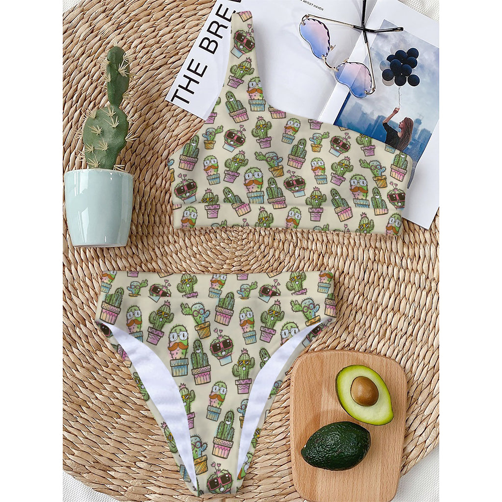 Cute Cartoon Cactus Pattern Print One Shoulder Bikini Top