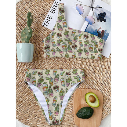 Cute Cartoon Cactus Pattern Print One Shoulder Bikini Top