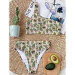 Cute Cartoon Cactus Pattern Print One Shoulder Bikini Top