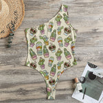 Cute Cartoon Cactus Pattern Print One Shoulder Bodysuit