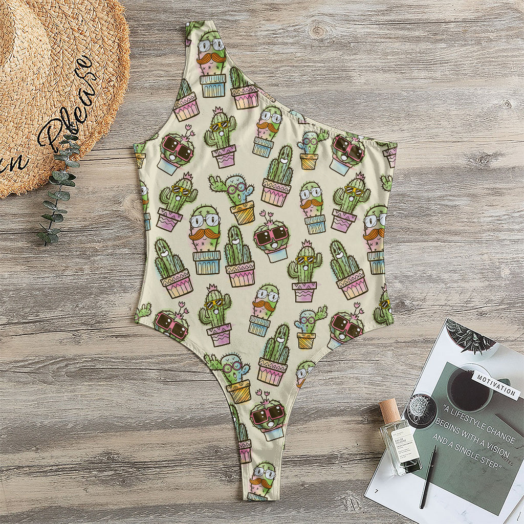 Cute Cartoon Cactus Pattern Print One Shoulder Bodysuit