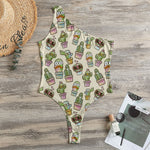 Cute Cartoon Cactus Pattern Print One Shoulder Bodysuit