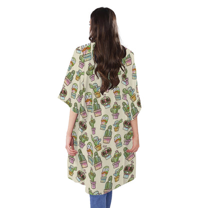 Cute Cartoon Cactus Pattern Print Open Front Beach Cover Up