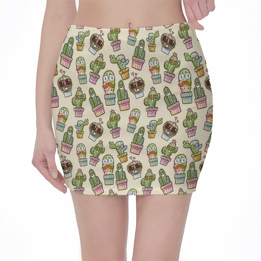 Cute Cartoon Cactus Pattern Print Pencil Mini Skirt