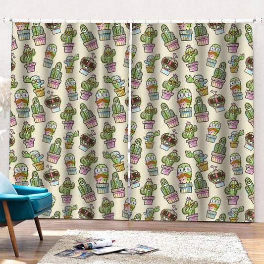 Cute Cartoon Cactus Pattern Print Pencil Pleat Curtains