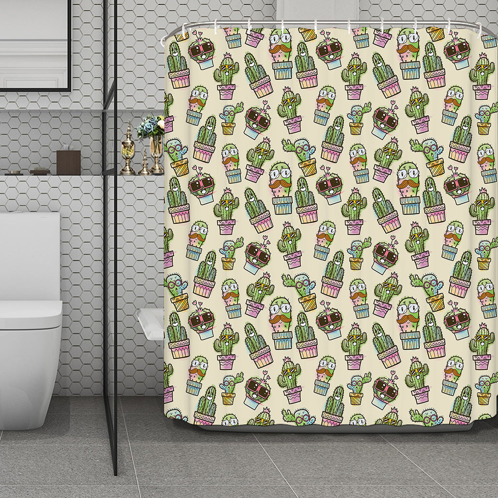 Cute Cartoon Cactus Pattern Print Polyester Shower Curtain