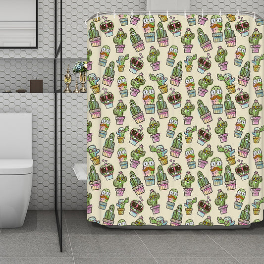 Cute Cartoon Cactus Pattern Print Polyester Shower Curtain