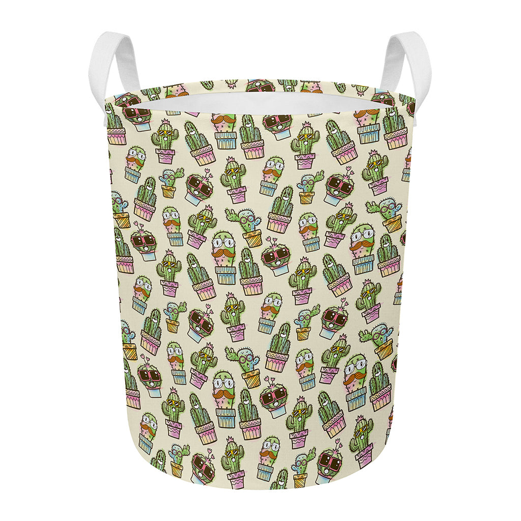 Cute Cartoon Cactus Pattern Print Round Laundry Basket