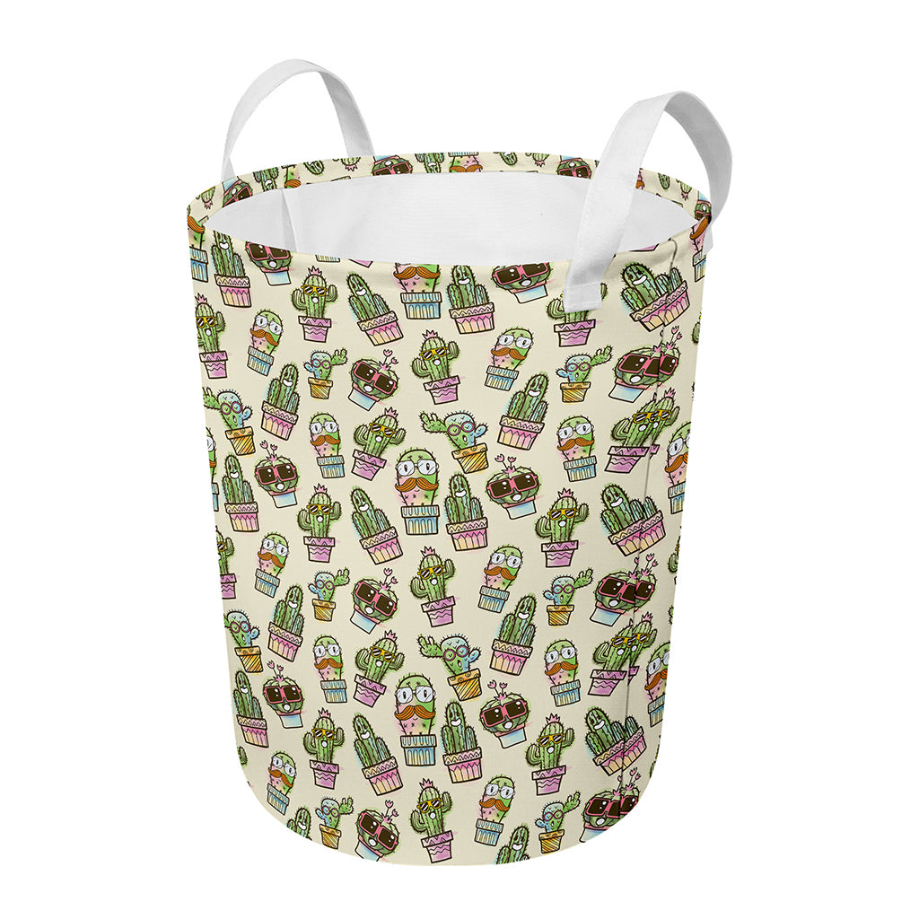 Cute Cartoon Cactus Pattern Print Round Laundry Basket