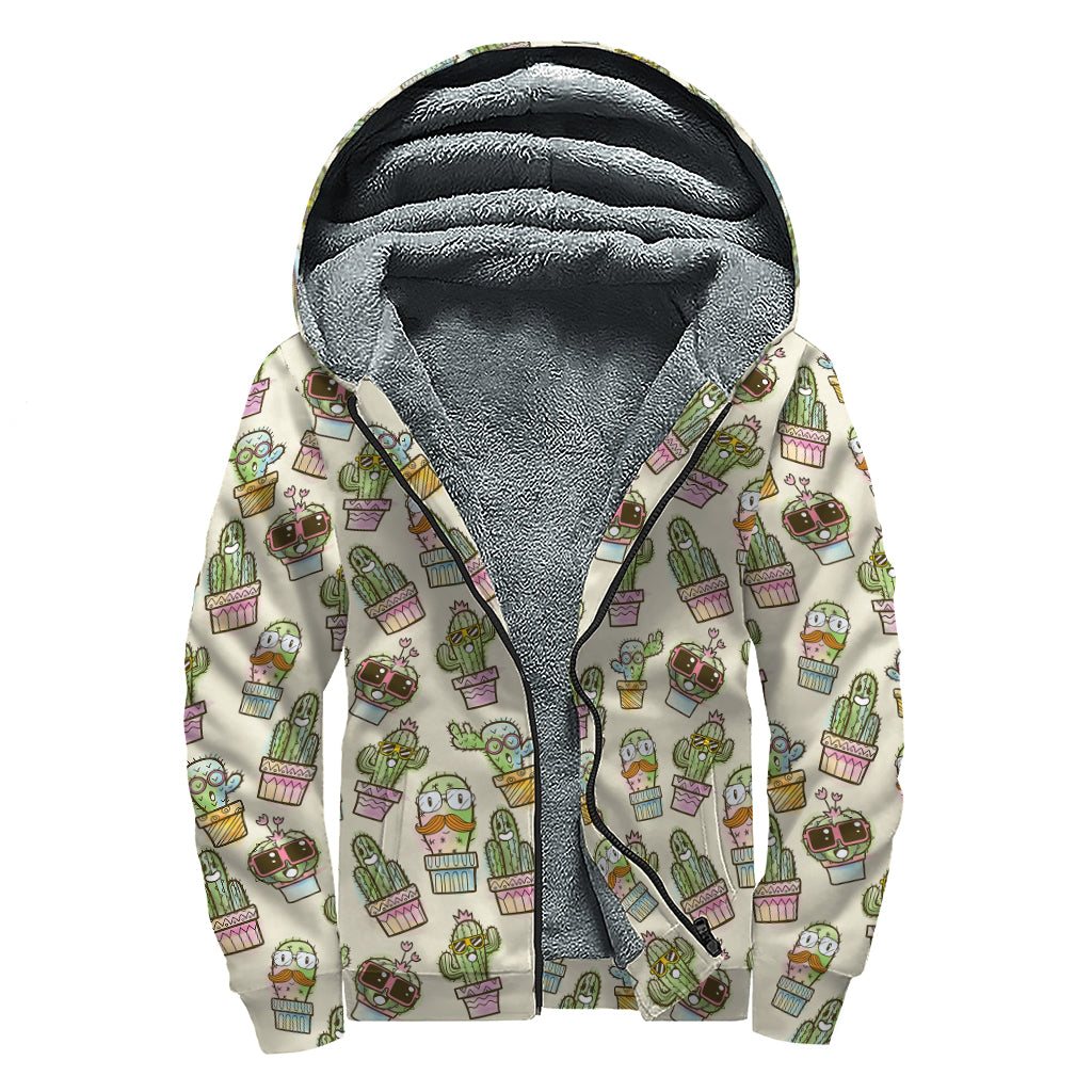 Cute Cartoon Cactus Pattern Print Sherpa Lined Zip Up Hoodie