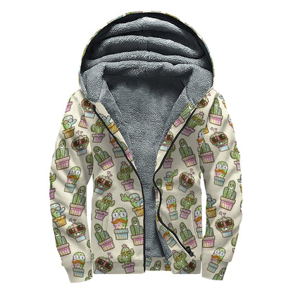 Cute Cartoon Cactus Pattern Print Sherpa Lined Zip Up Hoodie
