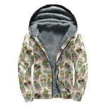 Cute Cartoon Cactus Pattern Print Sherpa Lined Zip Up Hoodie