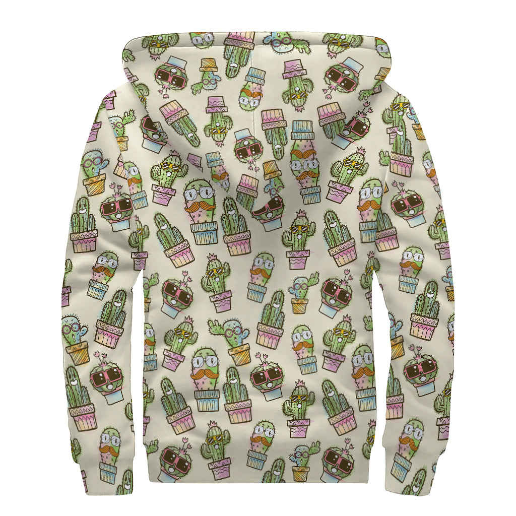Cute Cartoon Cactus Pattern Print Sherpa Lined Zip Up Hoodie