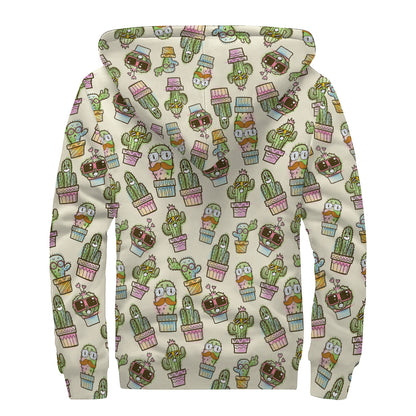 Cute Cartoon Cactus Pattern Print Sherpa Lined Zip Up Hoodie