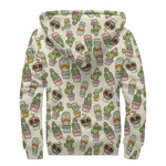 Cute Cartoon Cactus Pattern Print Sherpa Lined Zip Up Hoodie