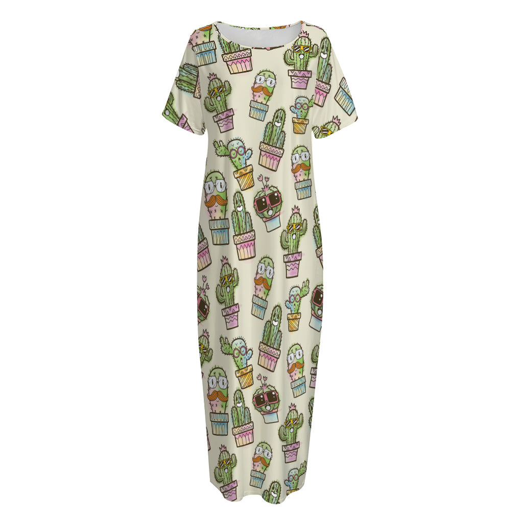 Cute Cartoon Cactus Pattern Print Short Sleeve Long Nightdress