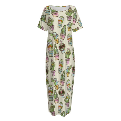 Cute Cartoon Cactus Pattern Print Short Sleeve Long Nightdress