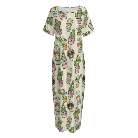 Cute Cartoon Cactus Pattern Print Short Sleeve Long Nightdress