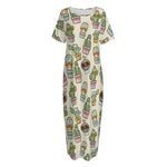 Cute Cartoon Cactus Pattern Print Short Sleeve Long Nightdress