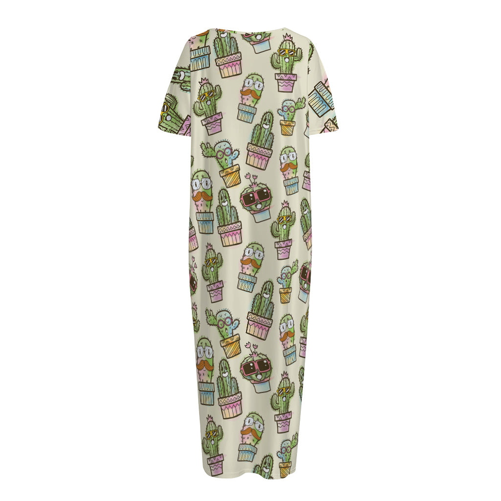 Cute Cartoon Cactus Pattern Print Short Sleeve Long Nightdress