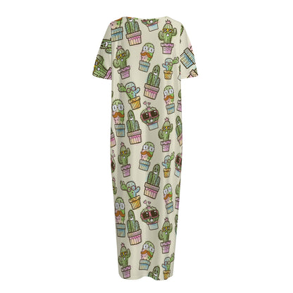 Cute Cartoon Cactus Pattern Print Short Sleeve Long Nightdress