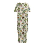 Cute Cartoon Cactus Pattern Print Short Sleeve Long Nightdress