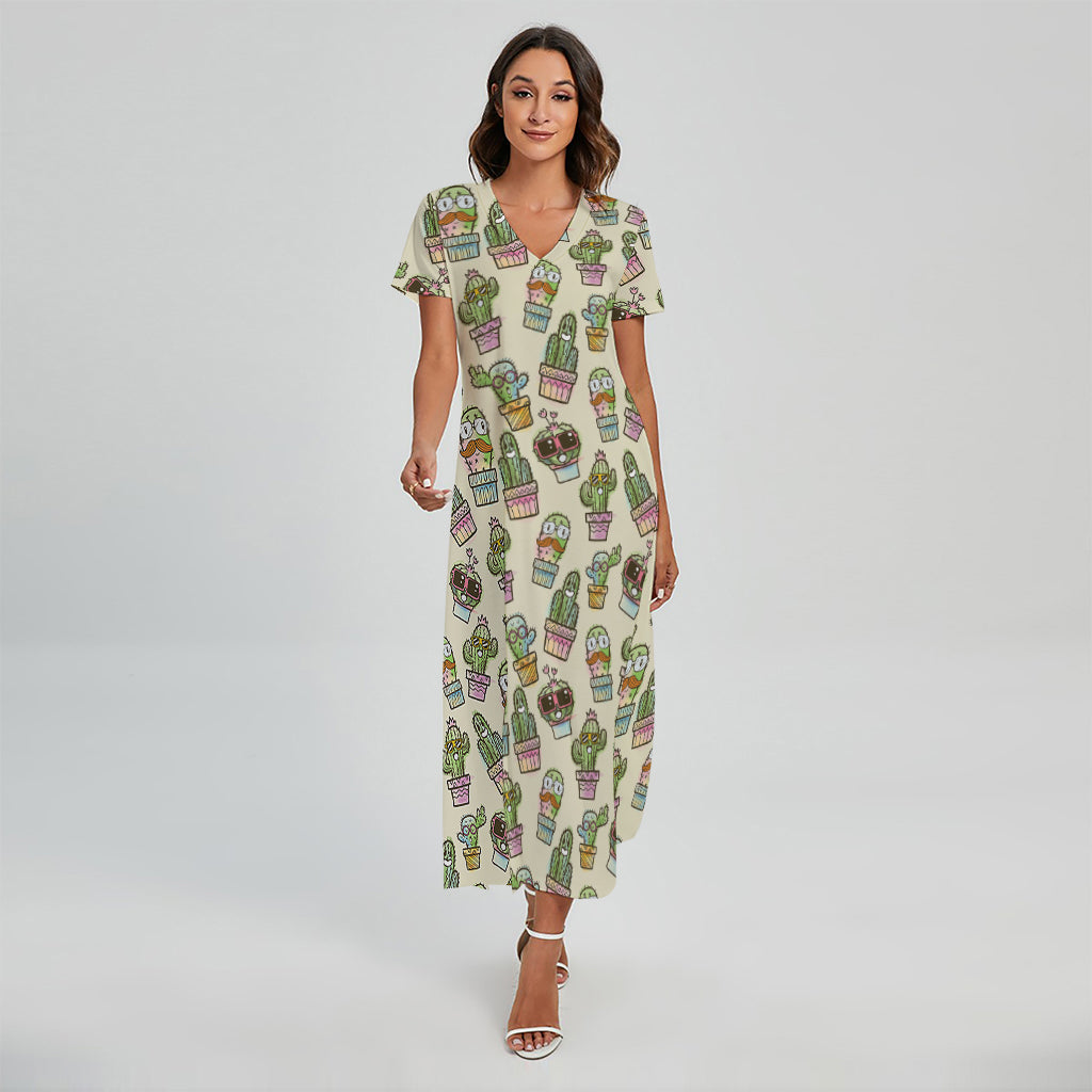 Cute Cartoon Cactus Pattern Print Short Sleeve Maxi Dress