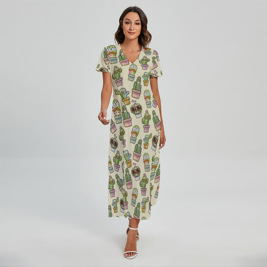 Cute Cartoon Cactus Pattern Print Short Sleeve Maxi Dress