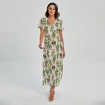 Cute Cartoon Cactus Pattern Print Short Sleeve Maxi Dress
