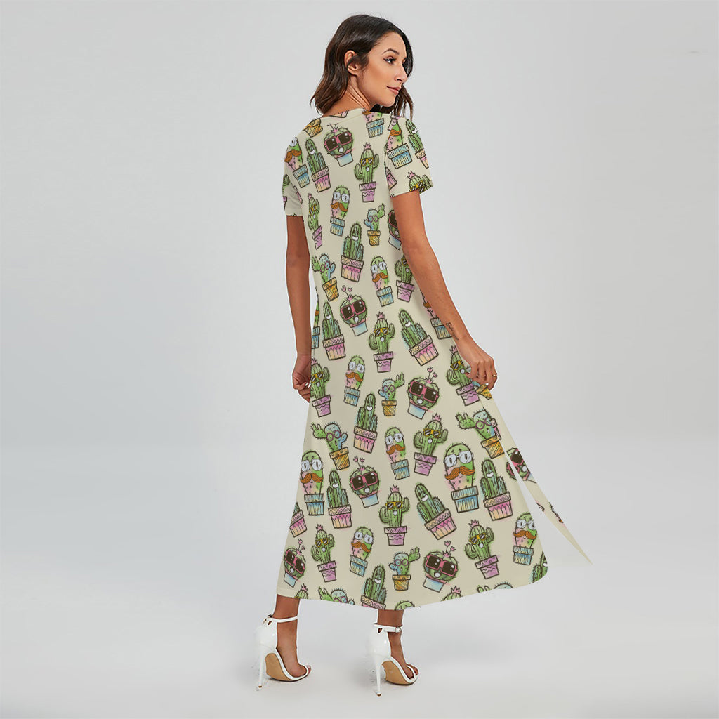 Cute Cartoon Cactus Pattern Print Short Sleeve Maxi Dress