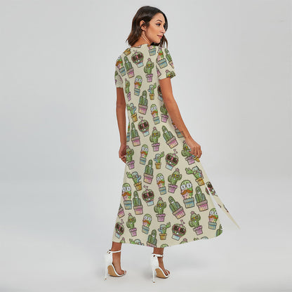 Cute Cartoon Cactus Pattern Print Short Sleeve Maxi Dress